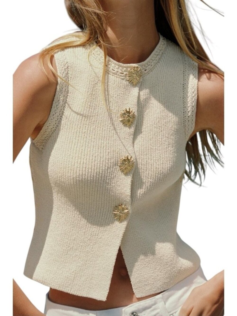 Zara‎ Gold Button Knit Top Women’s Medium Light Beige